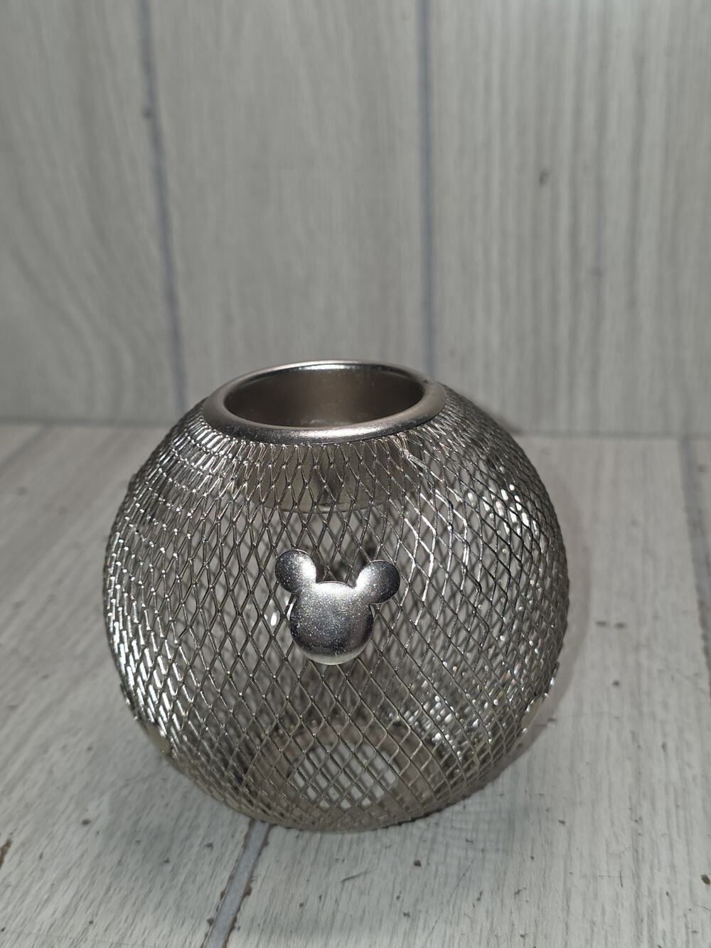Disney Mickey Mouse Tea Light Holder Silver Mesh Vintage Pierced Beautiful